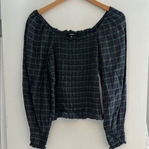 Madewell Lucie Bubble-Sleeve Smocked Plaid Top Size Small